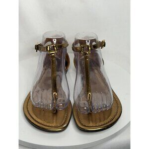 Tory Burch Metallic Leather T Strap Thong Sandals US 7.5 Gold Logo Flats